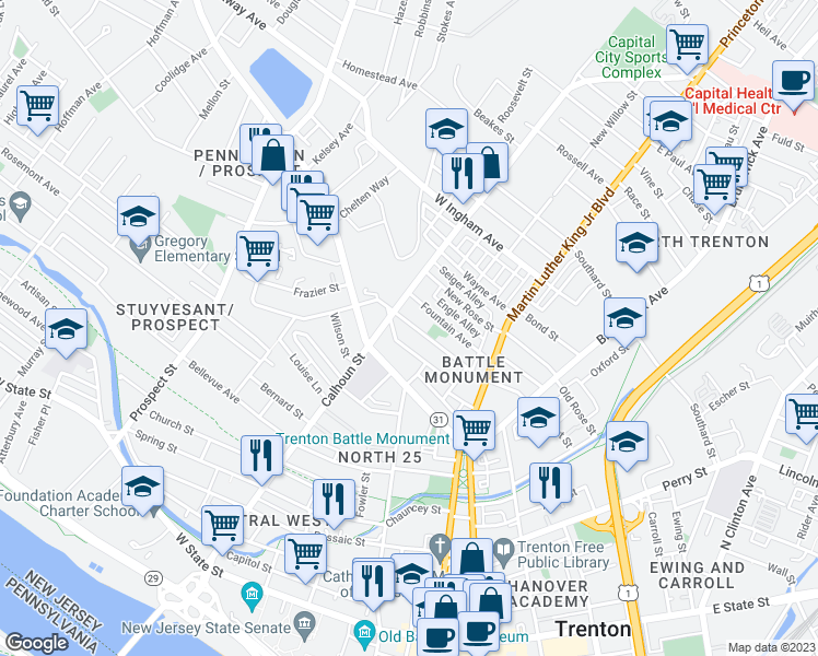 map of restaurants, bars, coffee shops, grocery stores, and more near 117 Sweets Avenue in Trenton