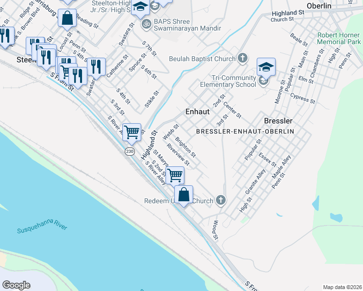 map of restaurants, bars, coffee shops, grocery stores, and more near 64 Brighton Street in Harrisburg