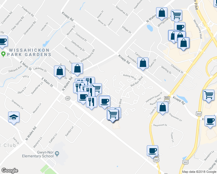 map of restaurants, bars, coffee shops, grocery stores, and more near 3103 Hemmingway Drive in North Wales