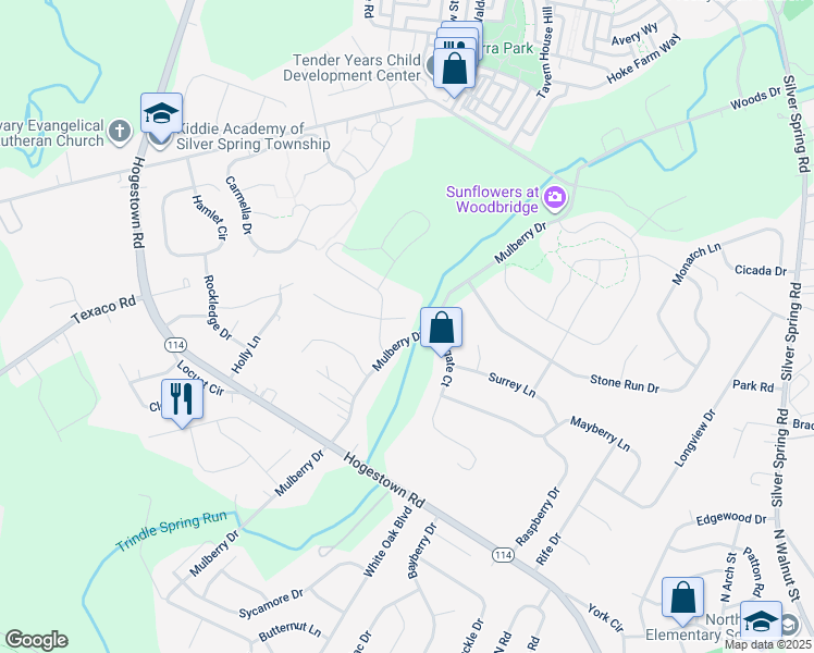 map of restaurants, bars, coffee shops, grocery stores, and more near 22 Hunt Place in Mechanicsburg