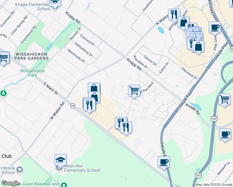 map of restaurants, bars, coffee shops, grocery stores, and more near 3103 Hemmingway Drive in North Wales