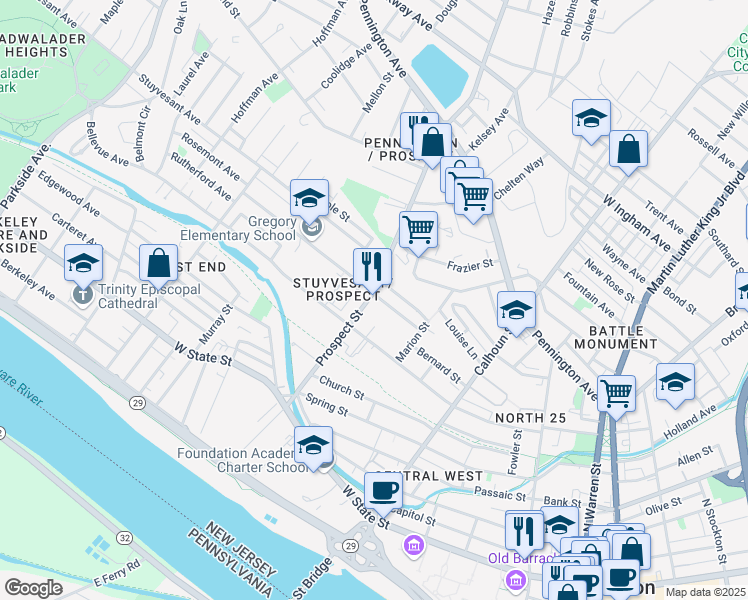 map of restaurants, bars, coffee shops, grocery stores, and more near 152 Prospect Street in Trenton