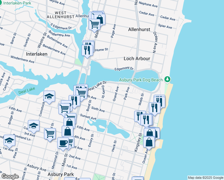 map of restaurants, bars, coffee shops, grocery stores, and more near 500 Deal Lake Drive in Asbury Park