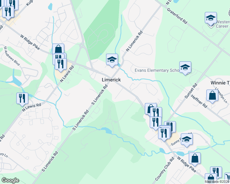 map of restaurants, bars, coffee shops, grocery stores, and more near 361 West Ridge Pike in Royersford
