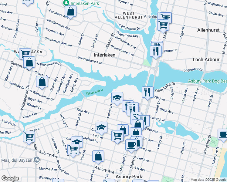 map of restaurants, bars, coffee shops, grocery stores, and more near 1505 Comstock Street in Asbury Park