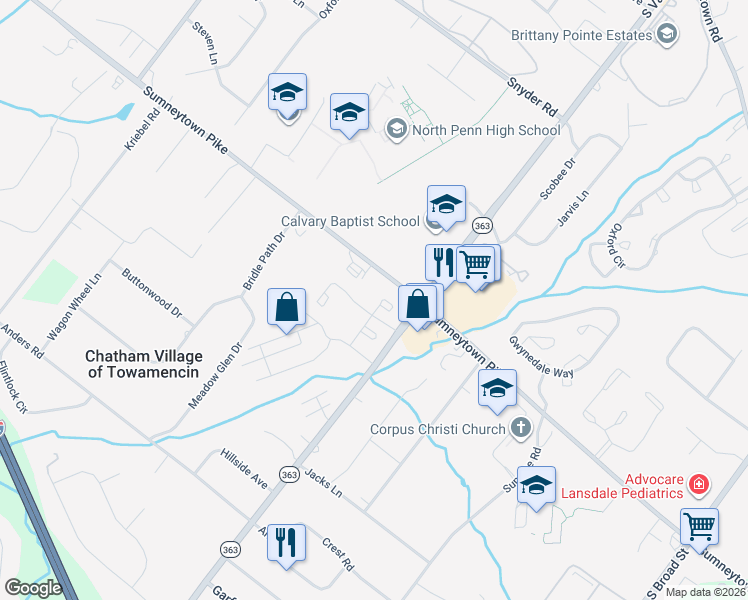 map of restaurants, bars, coffee shops, grocery stores, and more near 614 Poplar Court in Lansdale