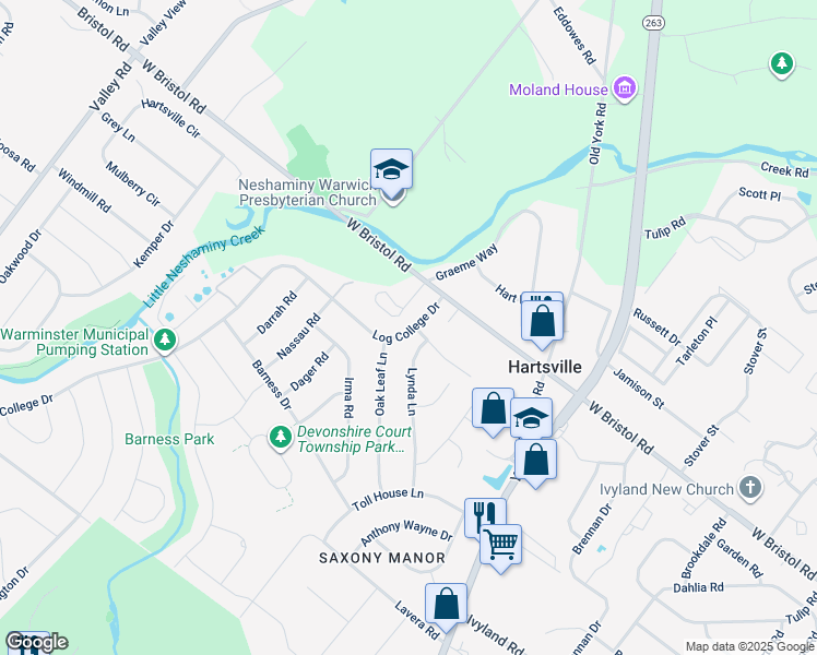 map of restaurants, bars, coffee shops, grocery stores, and more near 1263 Log College Drive in Warminster