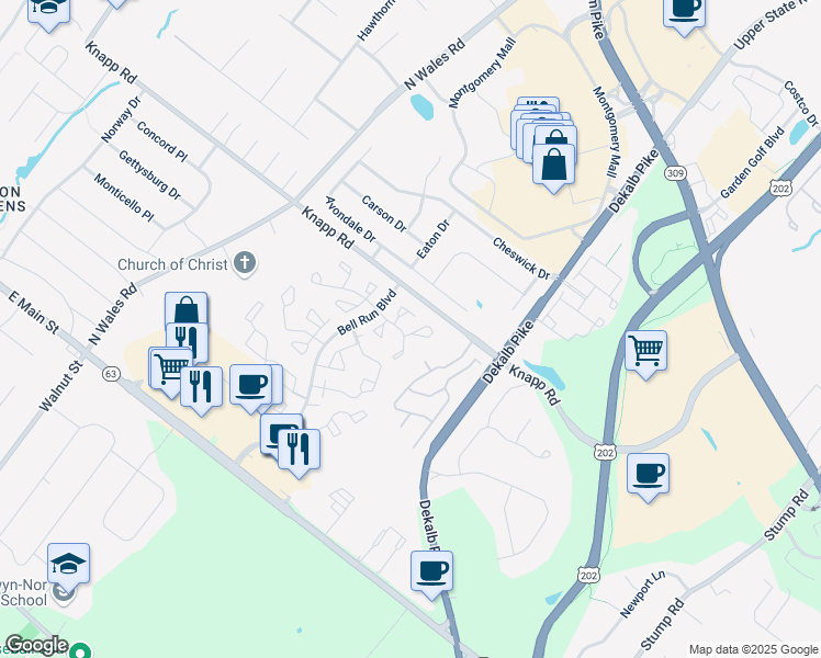 map of restaurants, bars, coffee shops, grocery stores, and more near 100 Signal Hill Court North in North Wales