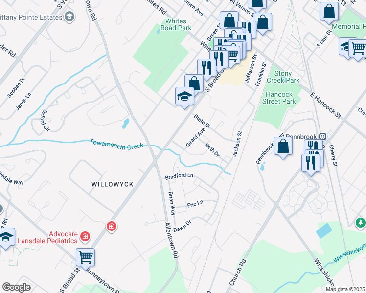 map of restaurants, bars, coffee shops, grocery stores, and more near 109 Stony Creek Avenue in Lansdale