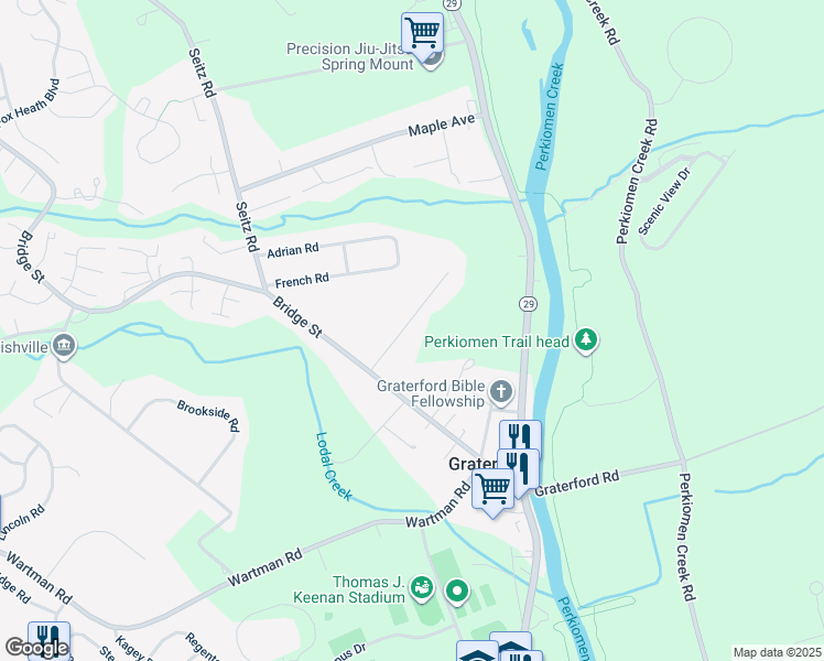 map of restaurants, bars, coffee shops, grocery stores, and more near 654 Grater Avenue in Collegeville