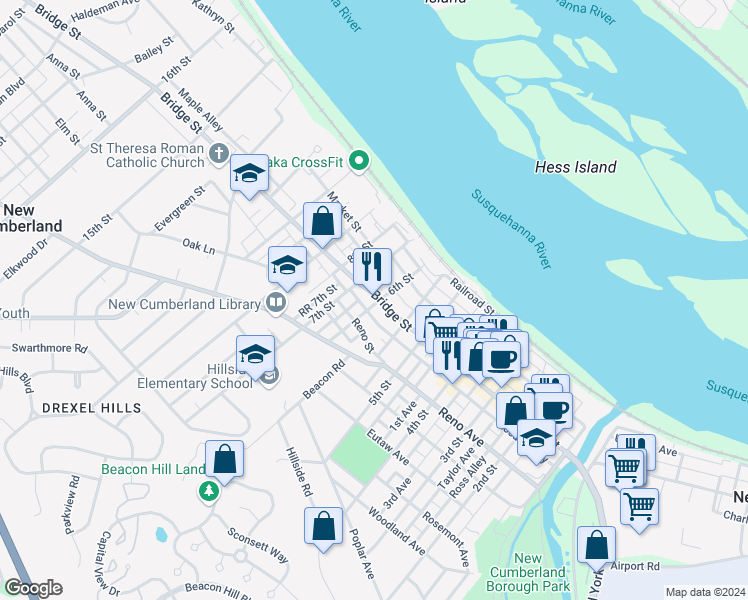 map of restaurants, bars, coffee shops, grocery stores, and more near 600 Bridge Street in New Cumberland