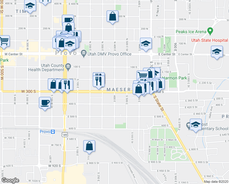 map of restaurants, bars, coffee shops, grocery stores, and more near 398 300 South in Provo