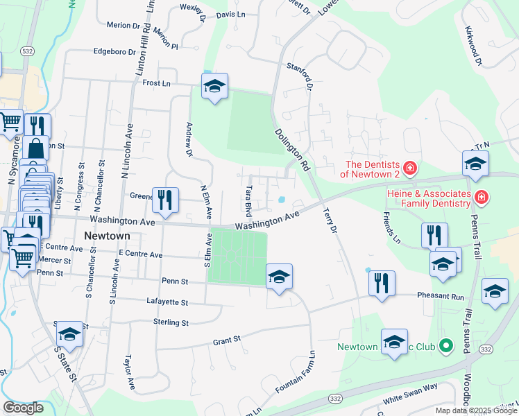 map of restaurants, bars, coffee shops, grocery stores, and more near 104 Hicks Alley in Newtown