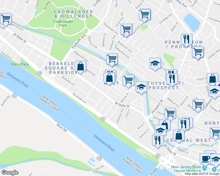 map of restaurants, bars, coffee shops, grocery stores, and more near 37 North Hermitage Avenue in Trenton