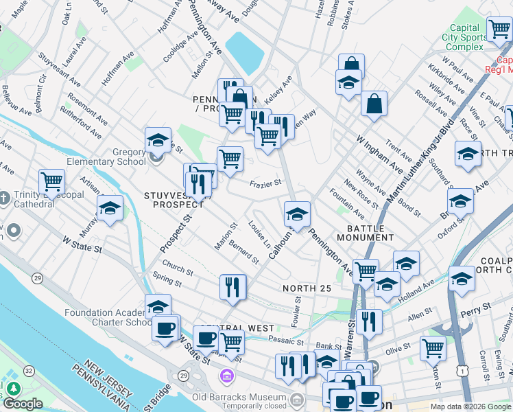 map of restaurants, bars, coffee shops, grocery stores, and more near 330 Reservoir Street in Trenton