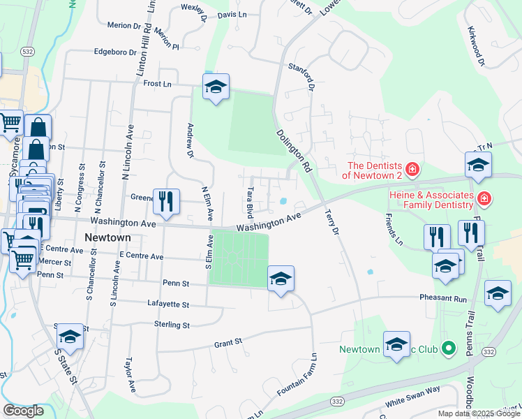 map of restaurants, bars, coffee shops, grocery stores, and more near 106 Hicks Alley in Newtown