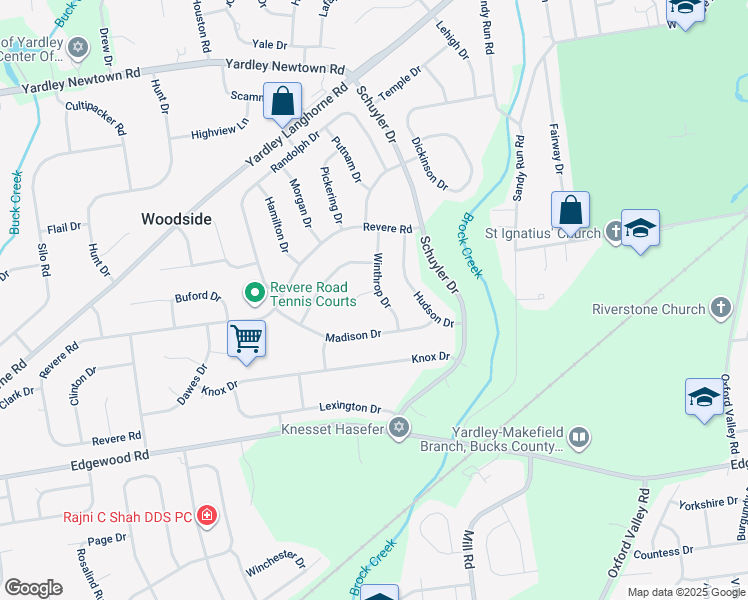 map of restaurants, bars, coffee shops, grocery stores, and more near 811 Winthrop Drive in Yardley