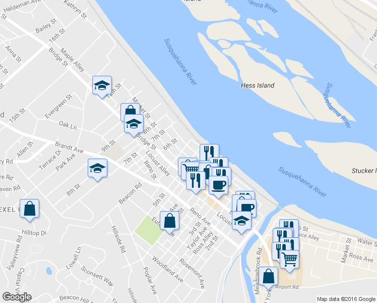 map of restaurants, bars, coffee shops, grocery stores, and more near 511 Market Street in New Cumberland