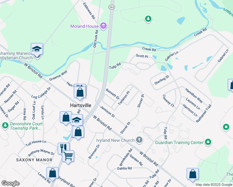 map of restaurants, bars, coffee shops, grocery stores, and more near 986 Gates Place in Warminster