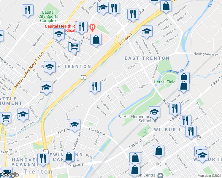 map of restaurants, bars, coffee shops, grocery stores, and more near 4 Hart Avenue in Trenton