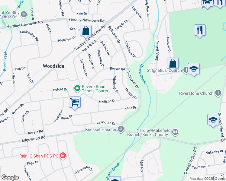 map of restaurants, bars, coffee shops, grocery stores, and more near 811 Winthrop Drive in Yardley