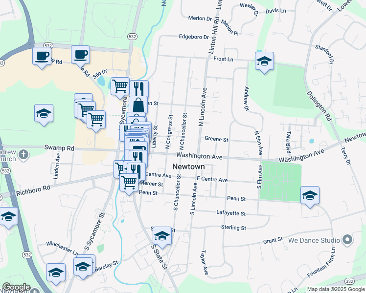 map of restaurants, bars, coffee shops, grocery stores, and more near 35 North Chancellor Street in Newtown