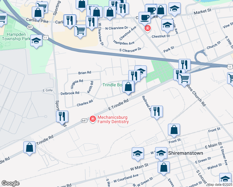 map of restaurants, bars, coffee shops, grocery stores, and more near 4711 Delbrook Rd in Mechanicsburg