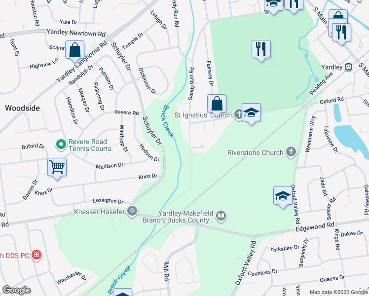 map of restaurants, bars, coffee shops, grocery stores, and more near Sandy Run Road in Yardley