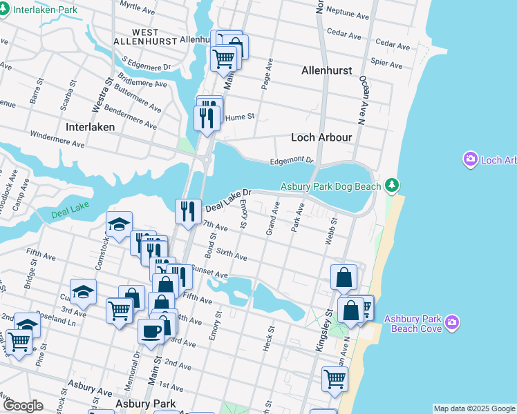 map of restaurants, bars, coffee shops, grocery stores, and more near 522 Deal Lake Drive in Asbury Park