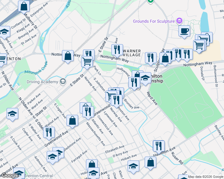 map of restaurants, bars, coffee shops, grocery stores, and more near 230 Park Lane in Trenton