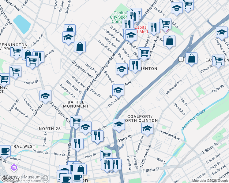 map of restaurants, bars, coffee shops, grocery stores, and more near 393 Brunswick Avenue in Trenton