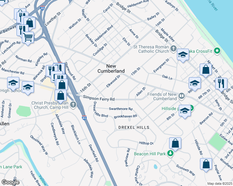 map of restaurants, bars, coffee shops, grocery stores, and more near 726 15th Street in New Cumberland
