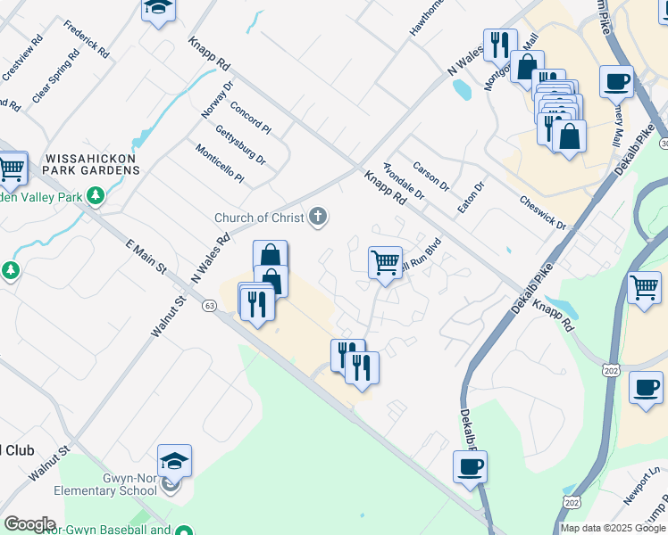 map of restaurants, bars, coffee shops, grocery stores, and more near 3107 Hemmingway Drive in North Wales