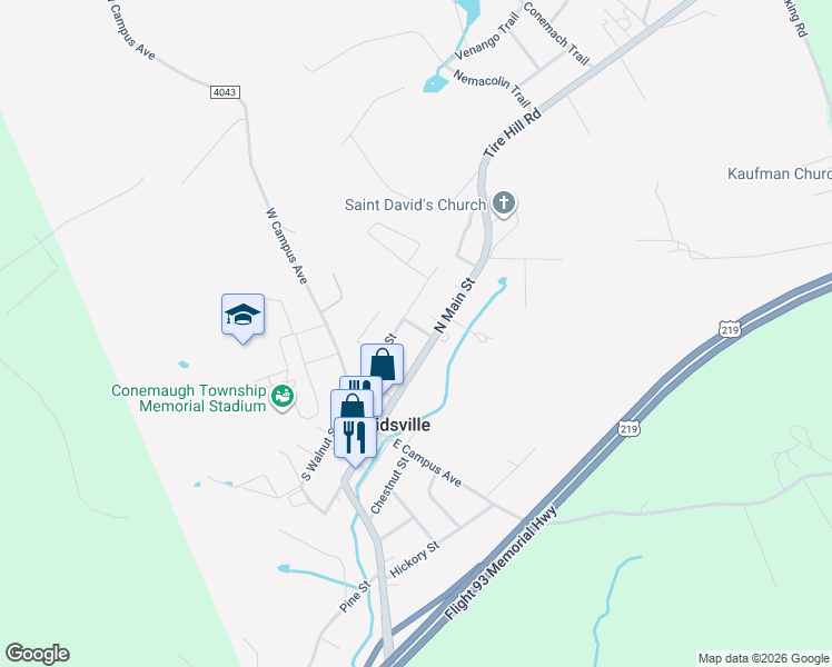 map of restaurants, bars, coffee shops, grocery stores, and more near 138 North Walnut Street in Davidsville