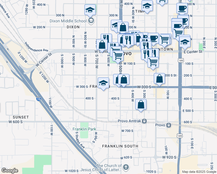 map of restaurants, bars, coffee shops, grocery stores, and more near 300 South 600 West in Provo