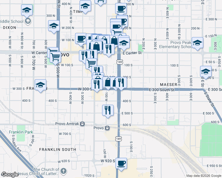 map of restaurants, bars, coffee shops, grocery stores, and more near 72 West 300 South in Provo