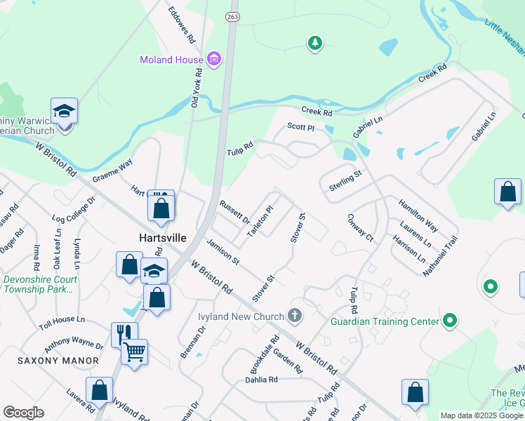 map of restaurants, bars, coffee shops, grocery stores, and more near 1546 Tarleton Place in Warminster