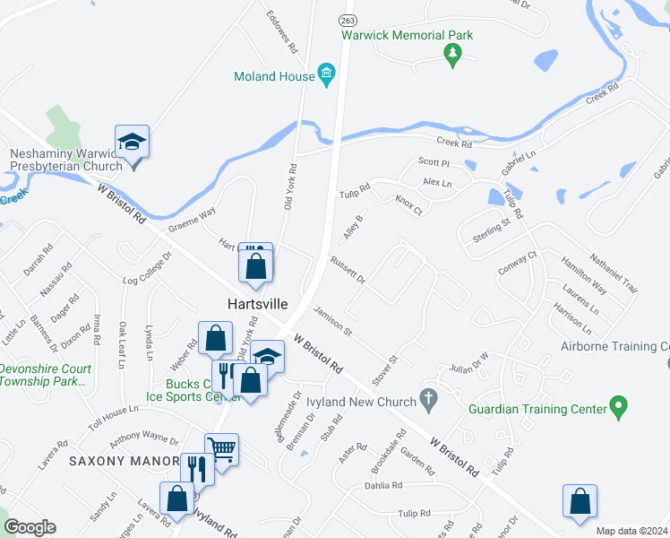 map of restaurants, bars, coffee shops, grocery stores, and more near 1013 Princeton Place in Warminster