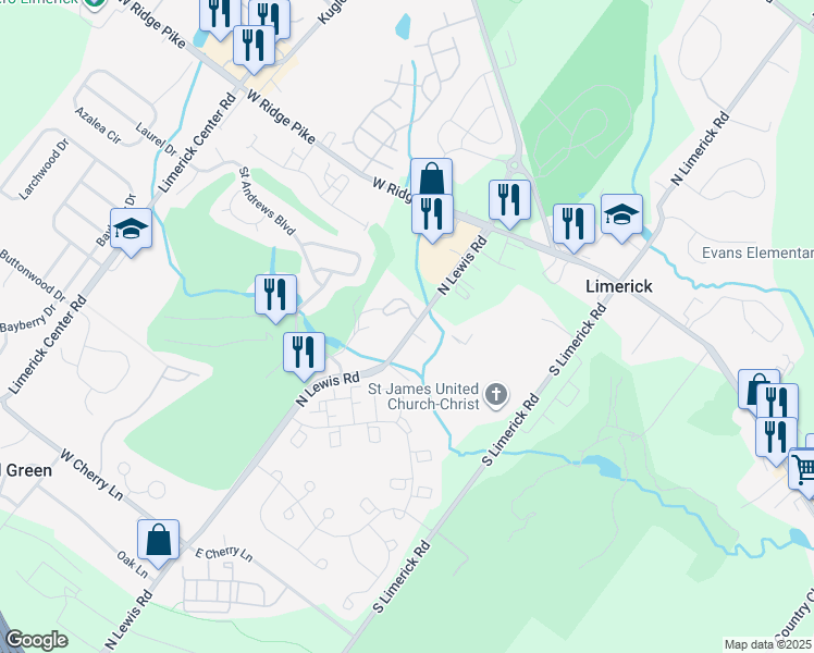 map of restaurants, bars, coffee shops, grocery stores, and more near 821 North Lewis Road in Royersford