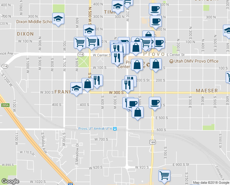 map of restaurants, bars, coffee shops, grocery stores, and more near 301 West 300 South in Provo
