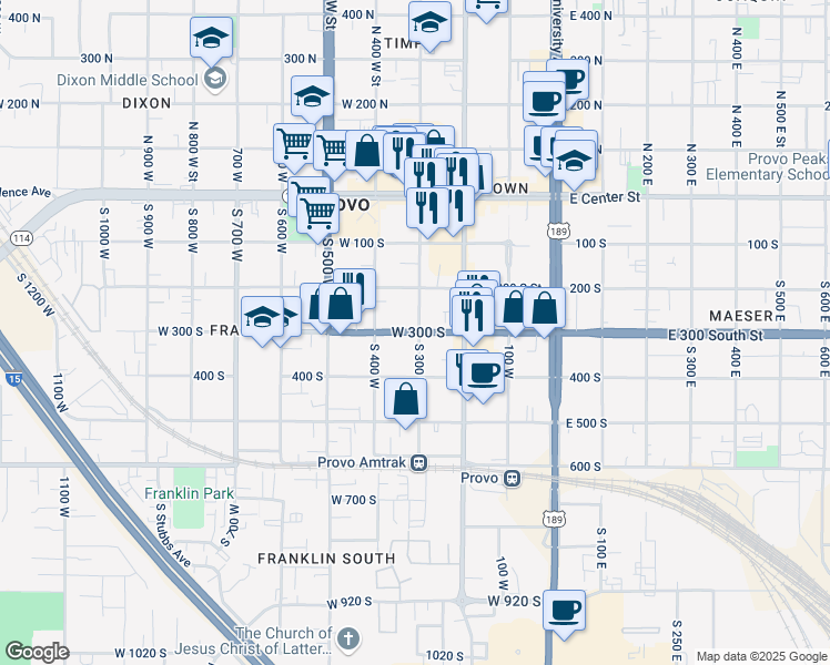 map of restaurants, bars, coffee shops, grocery stores, and more near 309 West 300 South Street in Provo