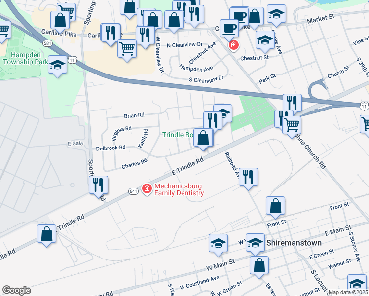 map of restaurants, bars, coffee shops, grocery stores, and more near 4711 Delbrook Rd in Mechanicsburg