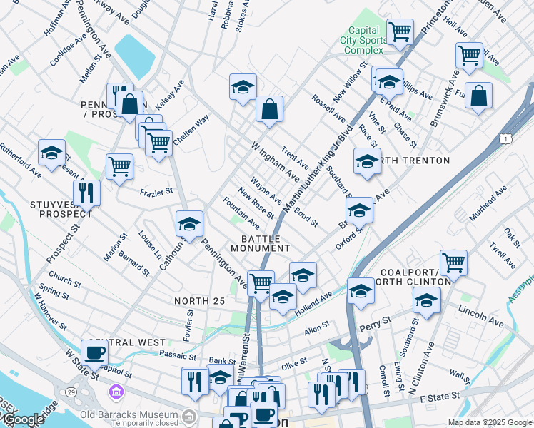 map of restaurants, bars, coffee shops, grocery stores, and more near 21 New Rose Street in Trenton