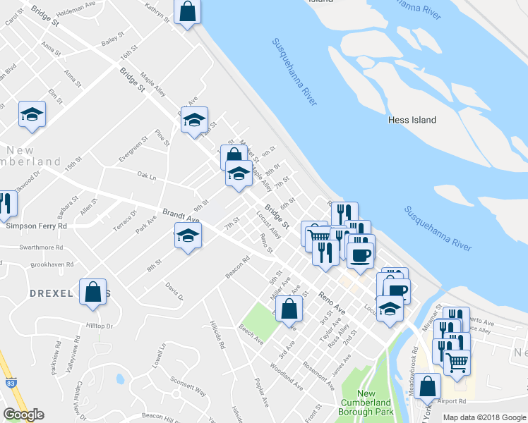 map of restaurants, bars, coffee shops, grocery stores, and more near 610 Bridge Street in New Cumberland