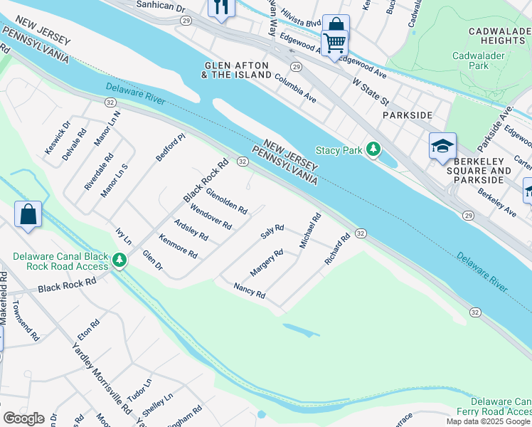 map of restaurants, bars, coffee shops, grocery stores, and more near 69 Glen Drive in Yardley