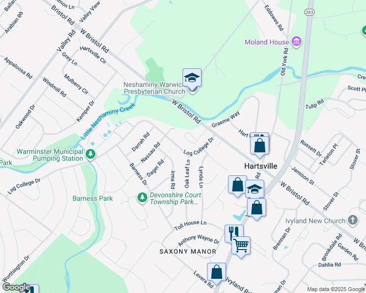 map of restaurants, bars, coffee shops, grocery stores, and more near 1263 Log College Drive in Warminster