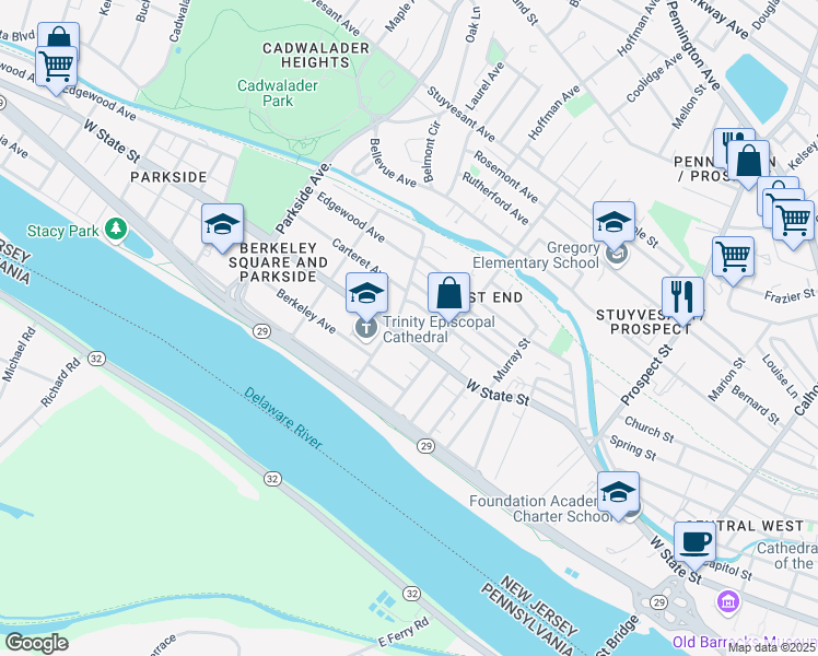 map of restaurants, bars, coffee shops, grocery stores, and more near 732 West State Street in Trenton