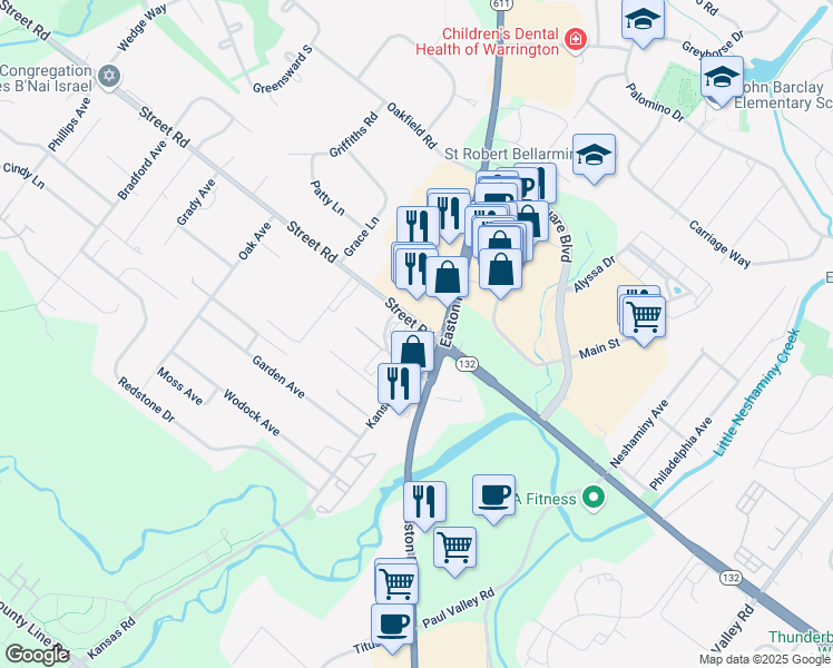 map of restaurants, bars, coffee shops, grocery stores, and more near 2120 Street Road in Warrington