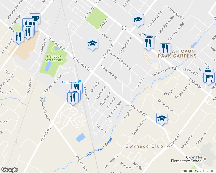 map of restaurants, bars, coffee shops, grocery stores, and more near 702 East Hancock Street in Lansdale