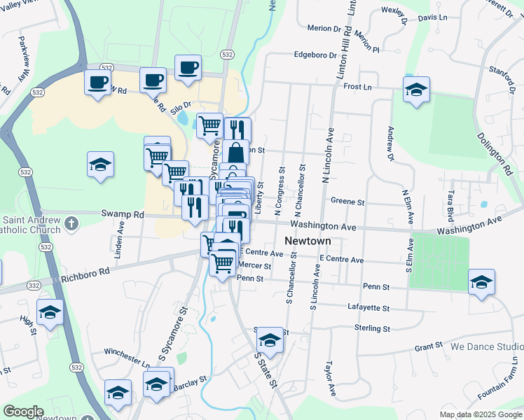 map of restaurants, bars, coffee shops, grocery stores, and more near 15 Liberty Street in Newtown